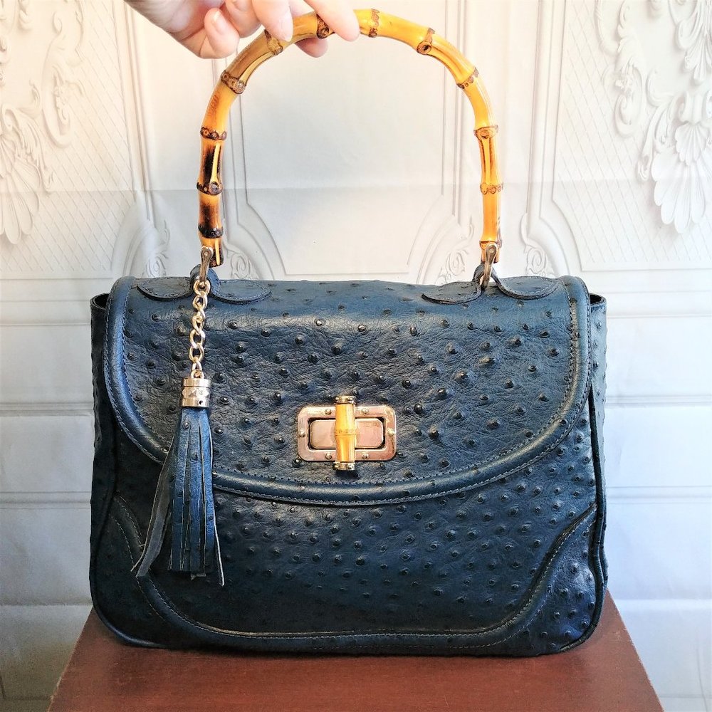 Blue Navy Leather Purse Bamboo Handle - Ostrich Pattern Bag